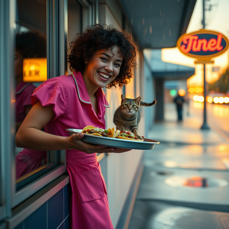 Curly-haired Young Woman in a Neon-pink Vintage Diner U...