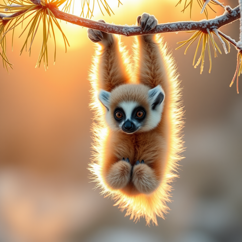 Cute, Furry Lemur Hangs Upside Down from a