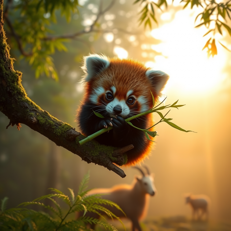 Cute Red Panda Perches on a Mossy Branch, Munching