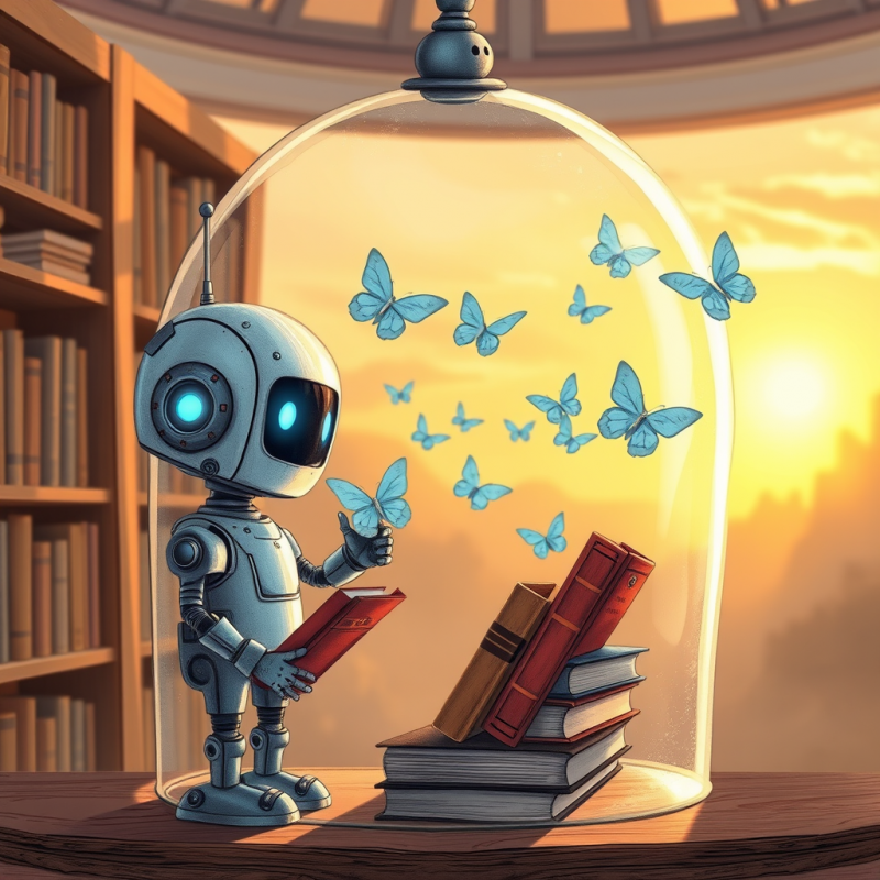 Cute Robot Reads Books Inside a Glass Dome Filled