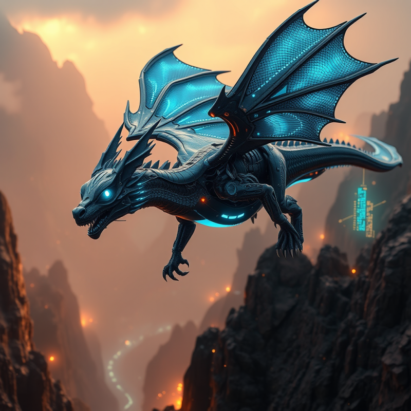 Cybernetic Dragon with Chrome-scaled Wings and Biolumin...