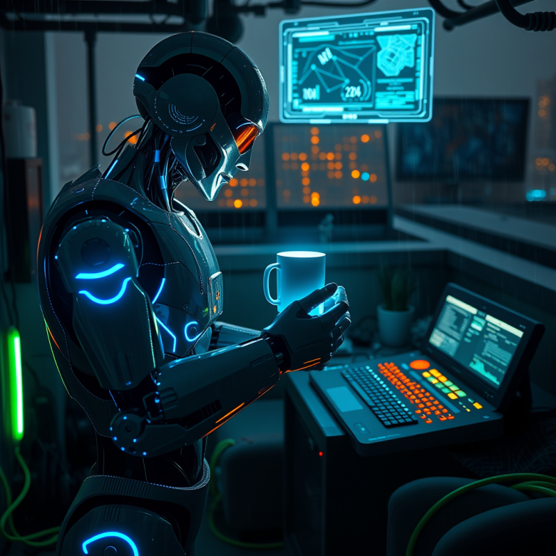 Cybernetic Humanoid Robot with Glowing Blue Circuitry L...