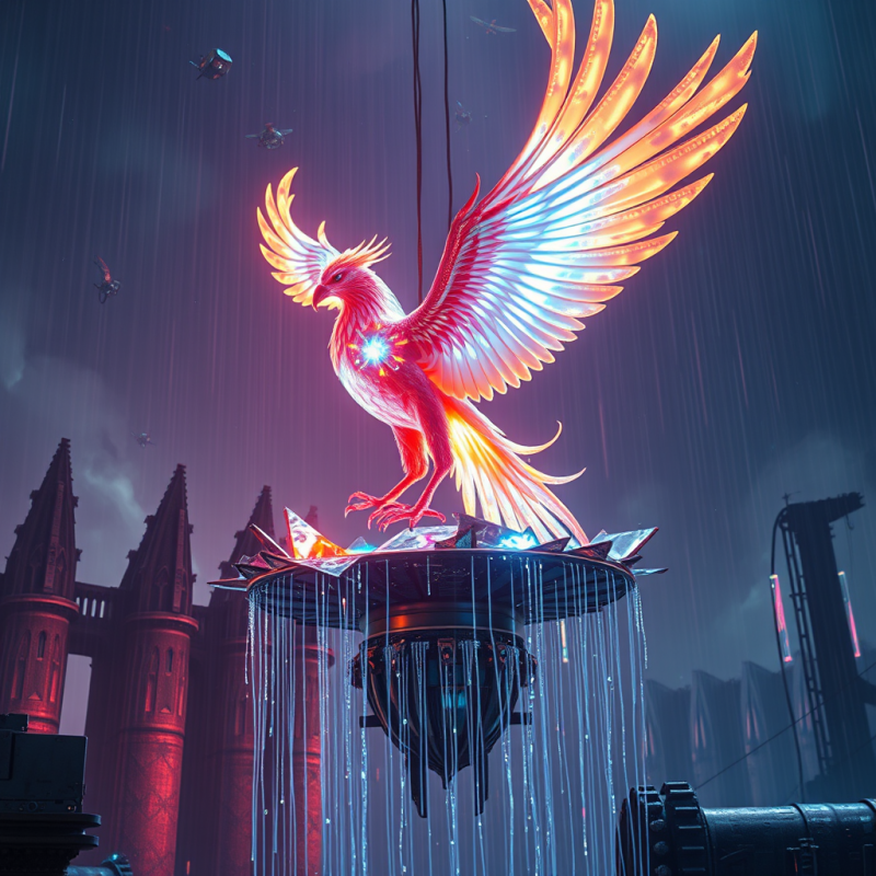 Cybernetic Phoenix with Iridescent Plasma Feathers Erup...