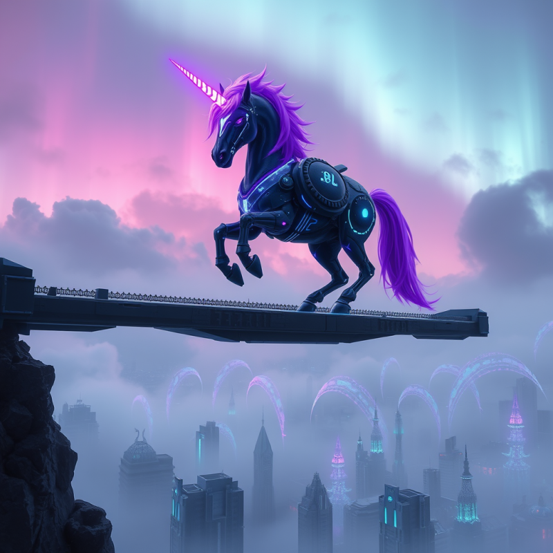 Cybernetic Unicorn with Glowing Violet Crystalline Armo...
