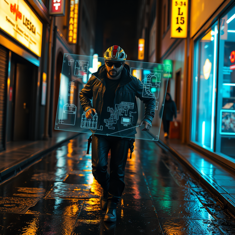 Cyberpunk Architect Mid-sprint Through a Neon-lit Alley