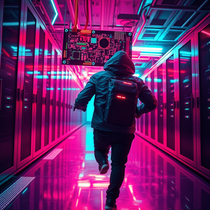 Cyberpunk Hacker Mid-sprint Through a Neon-drenched Ser...