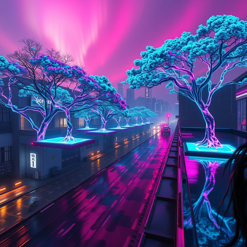 Cyberpunk-inspired Street Scene with Glowing Neon