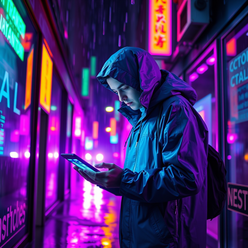 Cyberpunk-inspired Tech Worker in a Rain-slicked Neon A...
