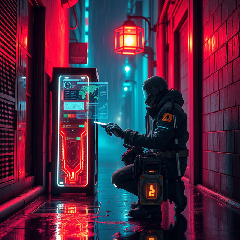 Cyberpunk-inspired Tech Worker in a Rain-slicked Neon A...
