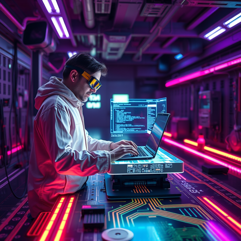 Cyberpunk-lit Underground Lab Where a Lone Engineer in ...