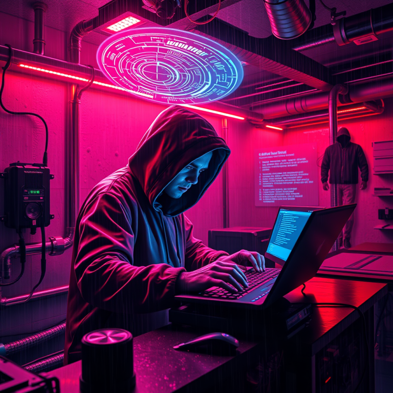 Cyberpunk Neon-drenched Underground Tech Lab Where a Ho...