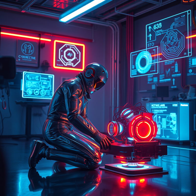 Cyberpunk Neon-lit Lab Where a Tech Worker in a Chrome-...