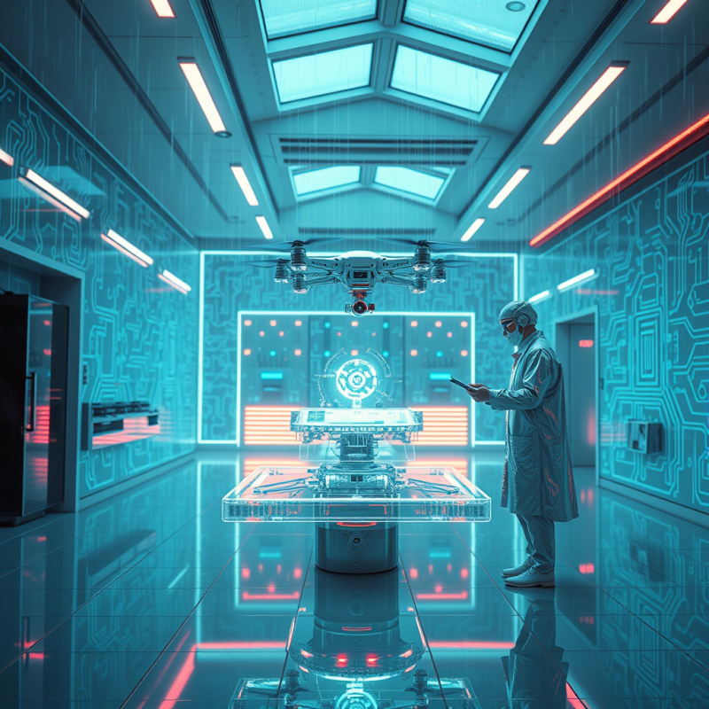 Cyberpunk Neon-lit Lab Where a Tech Worker in a Reflect...