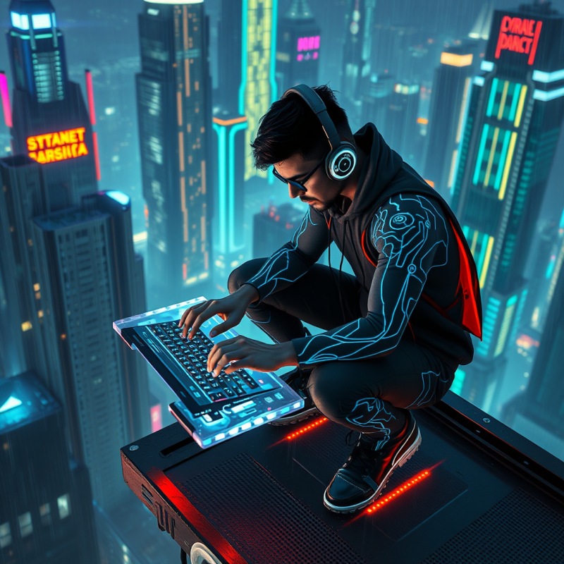 Cyberpunk-style Developer Crouched on a Floating Platfo...