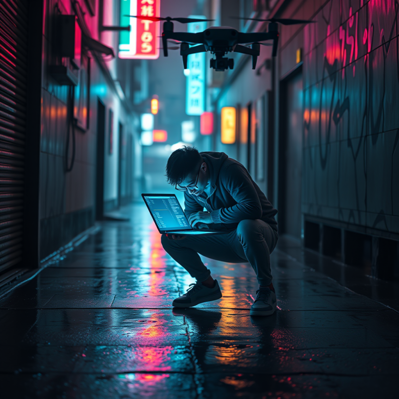 Cyberpunk-style Developer in a Neon-drenched Alleyway
