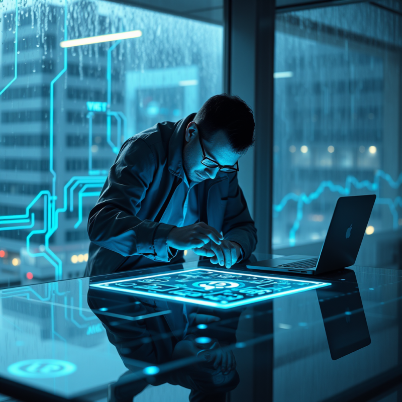 Cyberpunk-style Tech Worker Hunched Over a Glowing Holo...