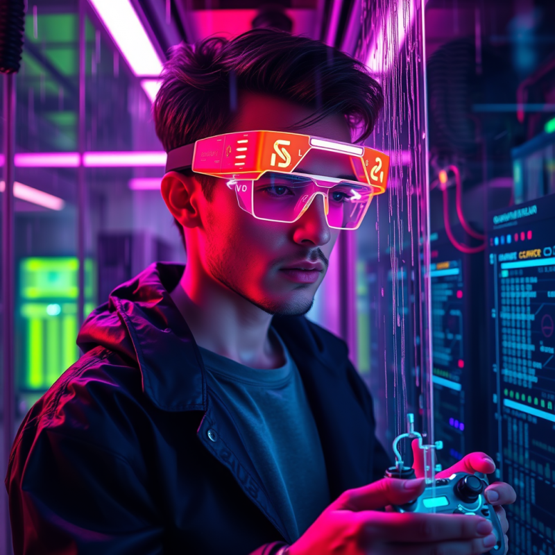 Cyberpunk-style Tech Worker in a Neon-drenched Undergro...