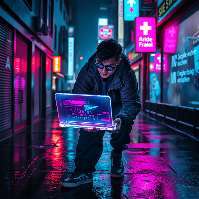 Cyberpunk-style Tech Worker in a Rain-slicked Neon Alley