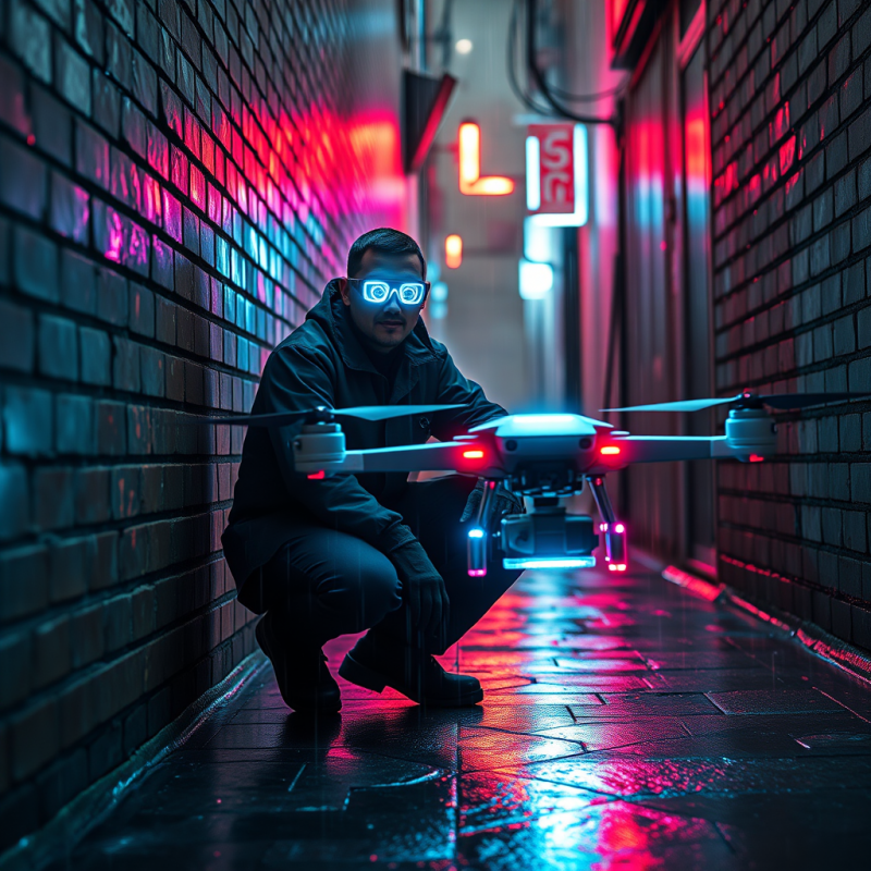 Cyberpunk-style Tech Worker in a Rain-slicked Neon-lit ...
