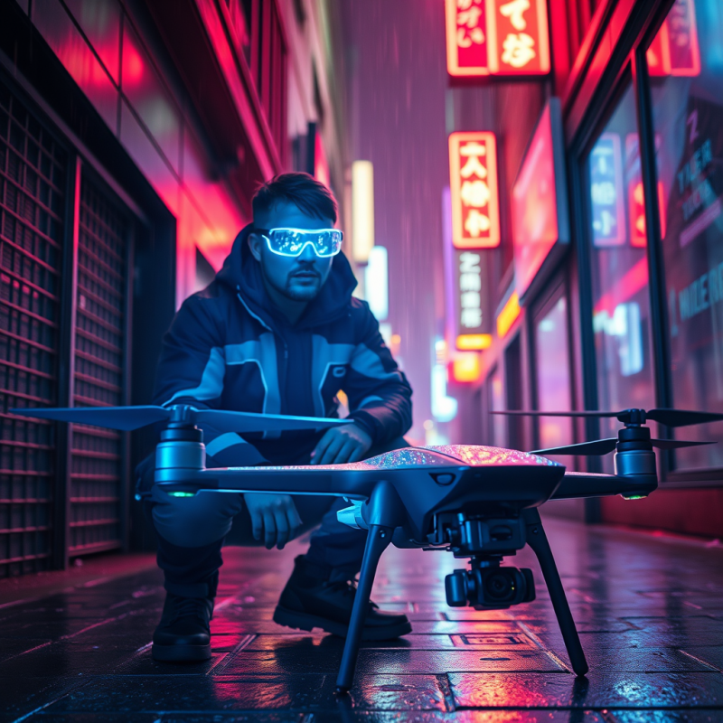 Cyberpunk-style Tech Worker in Neon-lit Alleyway