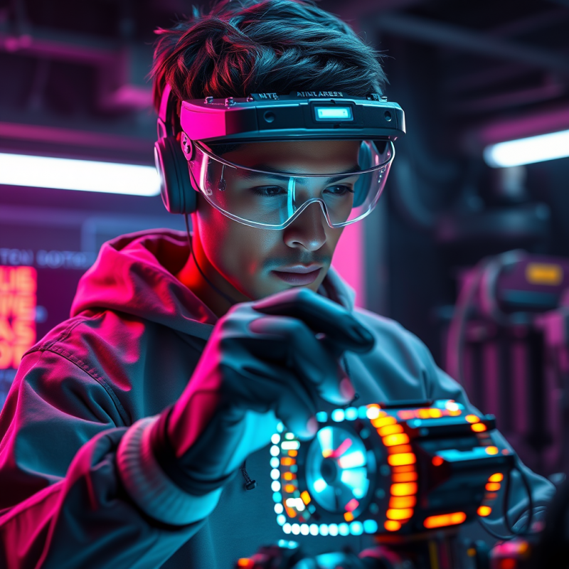 Cyberpunk-styled Tech Worker in a Dim