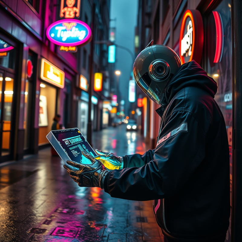 Cyberpunk Tech Worker in a Rain-slicked Neon-lit Alley