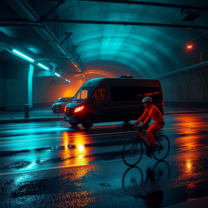 Cyclist in Bright Orange Gear Rides Through a Wet,