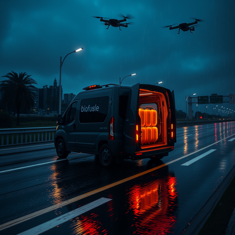 Dark Van Labeled 'biofuse' with Glowing Orange Cargo