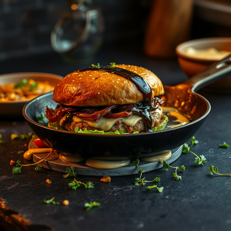 Decadent Burger with Melted Cheese and Glossy Sauce