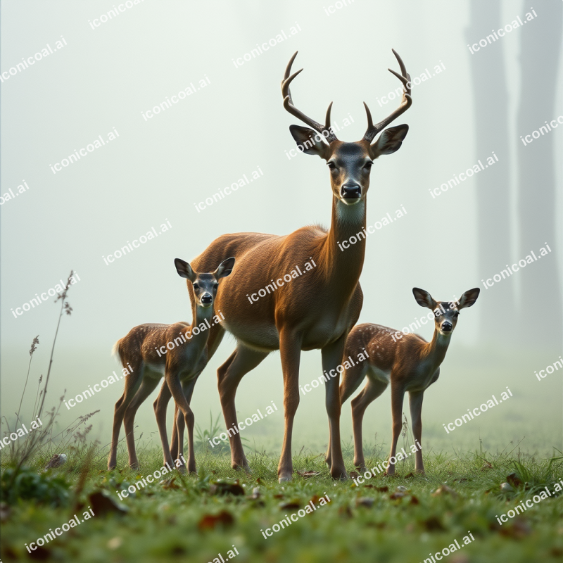 Deer Family In Morning Forest Mist