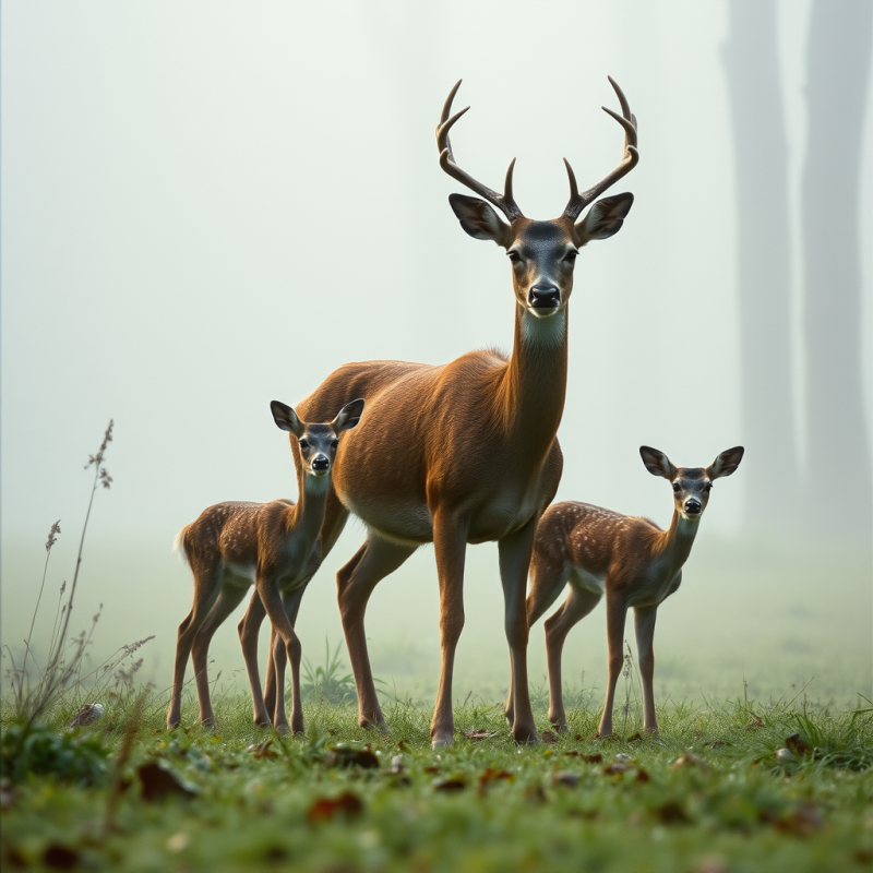 Deer Family in Morning Forest Mist