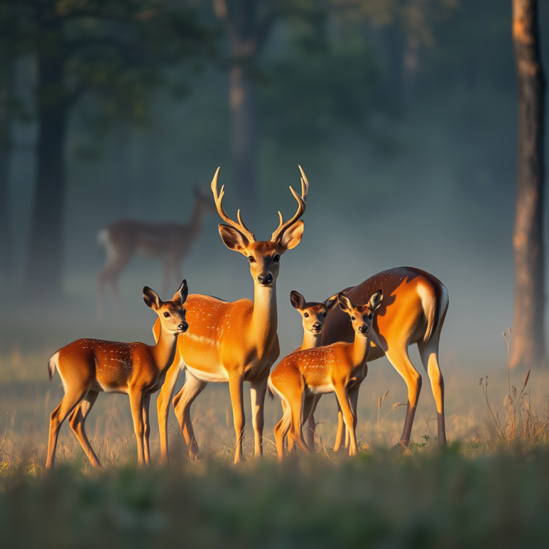 Deer Family in Morning Forest Mist