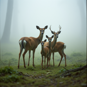 Deer Family In Morning Forest Mist