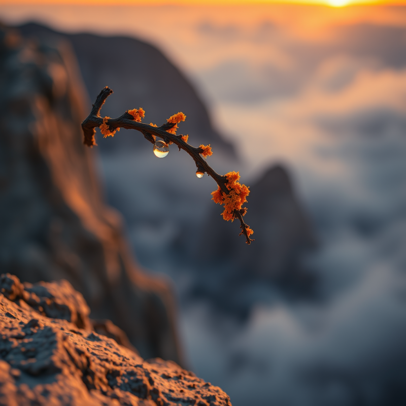 Delicate Branch with Orange Blooms and Dewdrops