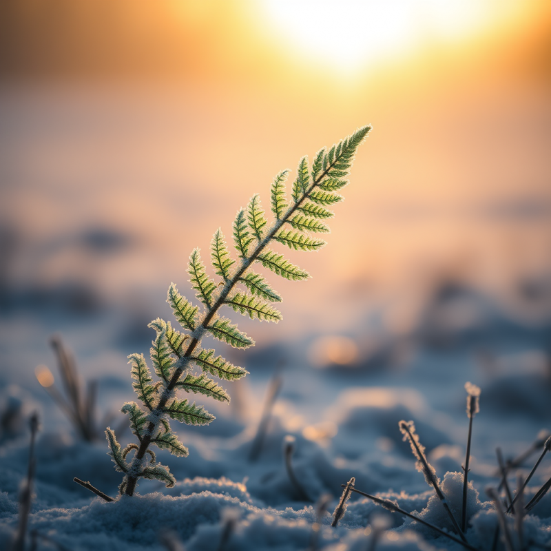 Delicate Fern Dusted with Frost Stands Resilient in