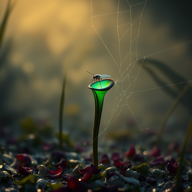 Delicate Fly Perches on a Glowing Green Pitcher