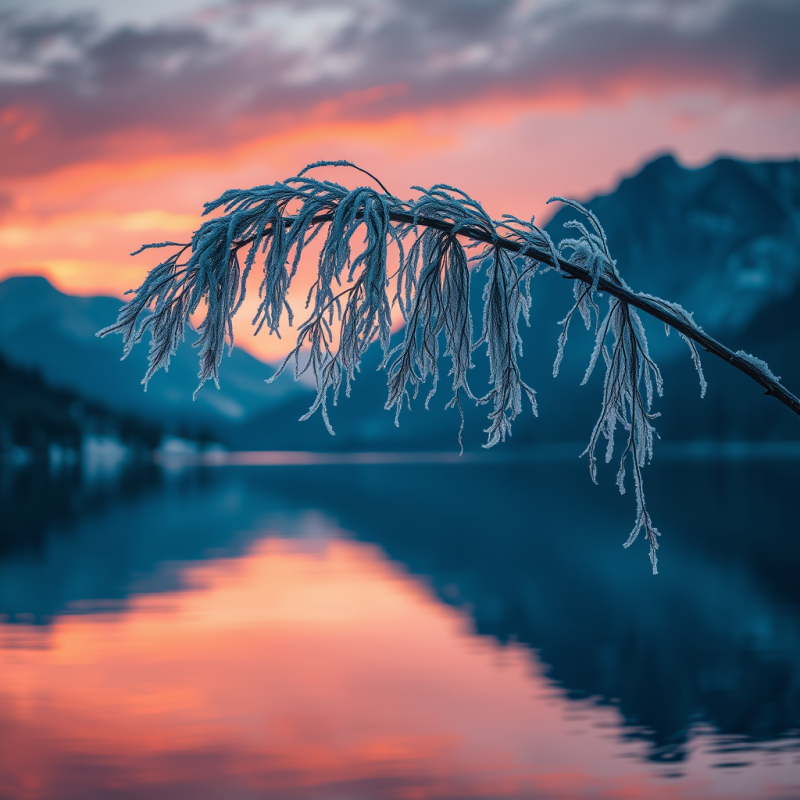 Delicate Frost-covered Branch Extends Over a Serene