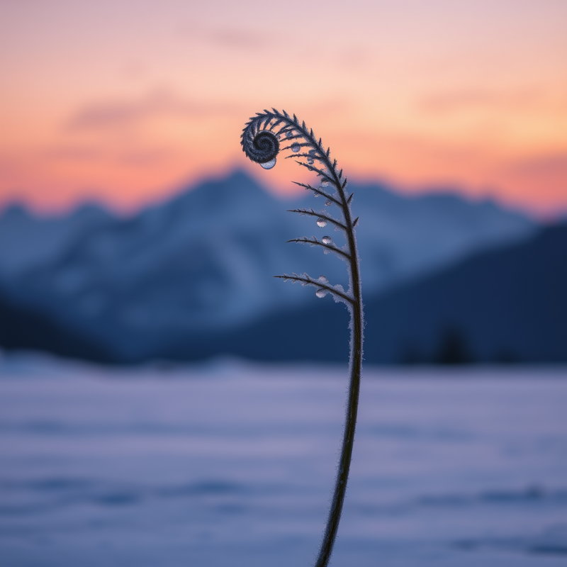 Delicate, Frost-covered Fern Unfurls Against a