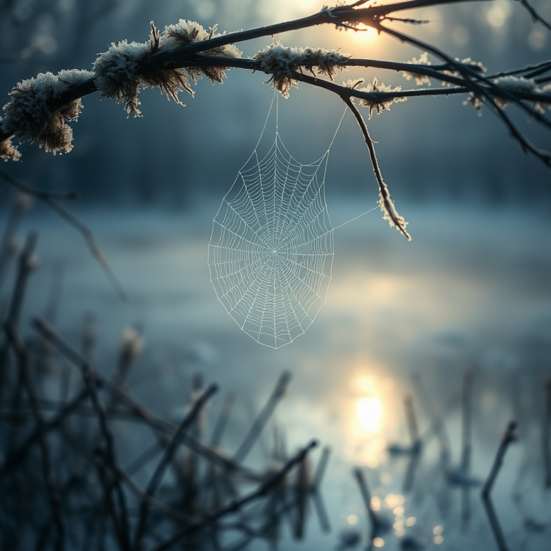 Delicate, Frost-covered Spiderweb Hangs Between Icy