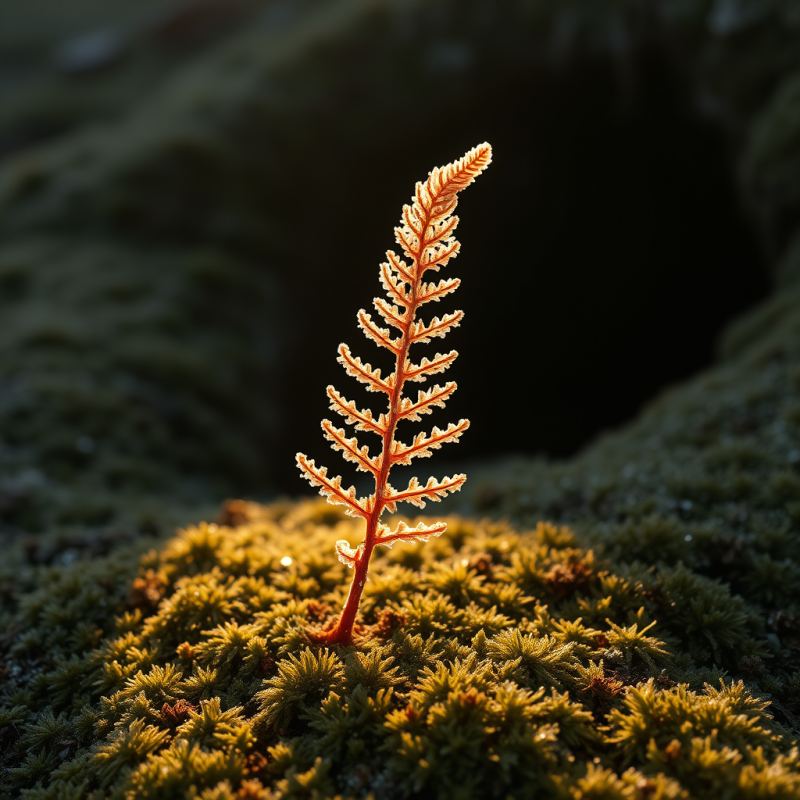 Delicate, Golden-hued Fern Sprout Emerges from