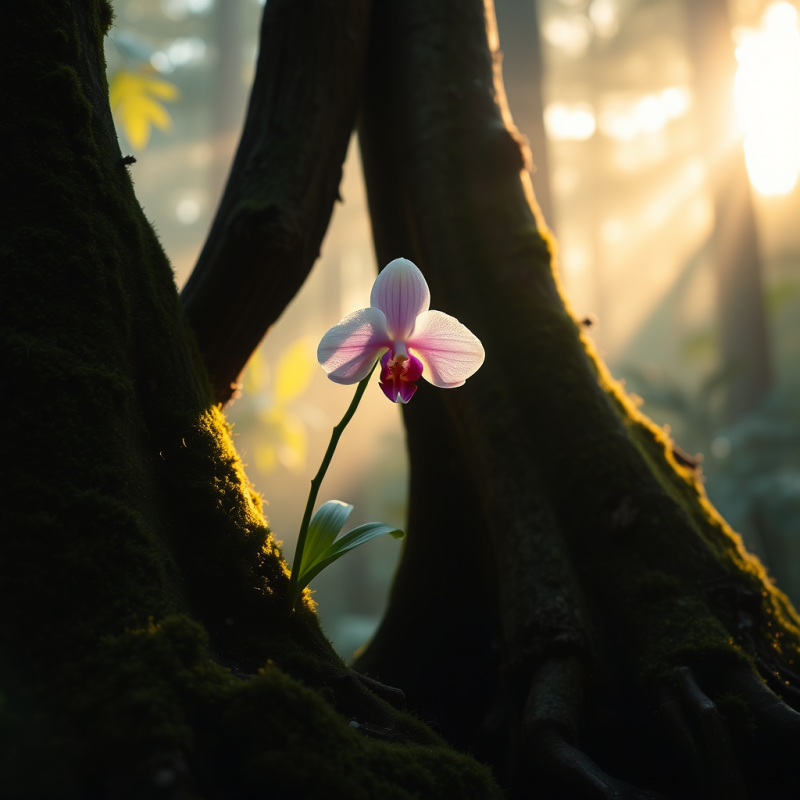 Delicate Pink Orchid Glows in Soft Golden Sunlight