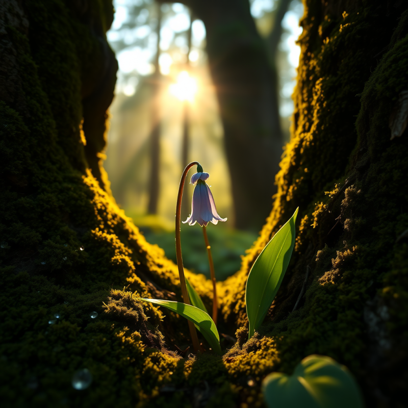 Delicate Purple Bellflower Blooms Between Mossy Tree