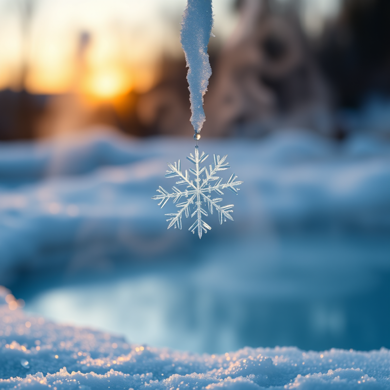 Delicate Snowflake Hangs from a Frosty Icicle