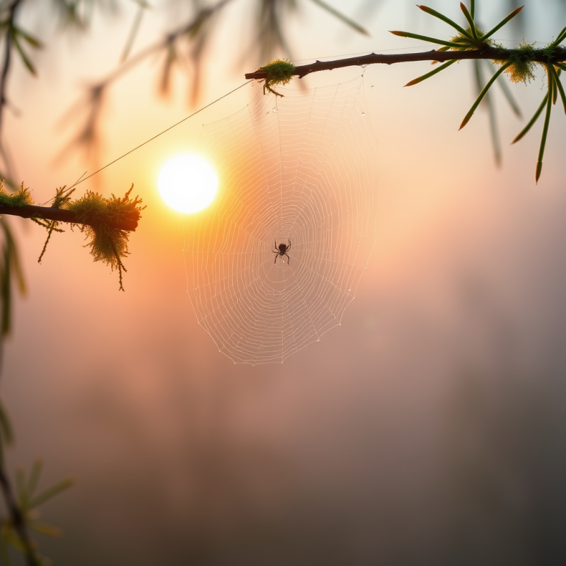 Delicate Spider Web Glistens with Dew Against a Warm