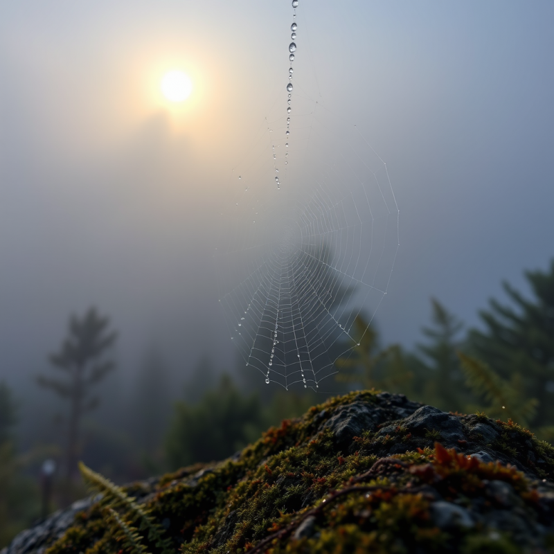 Delicate Spiderweb Adorned with Dewdrops Hangs