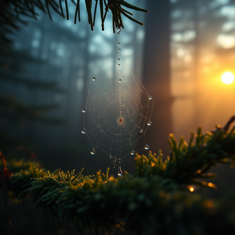 Delicate Spiderweb Adorned with Sparkling Dewdrops