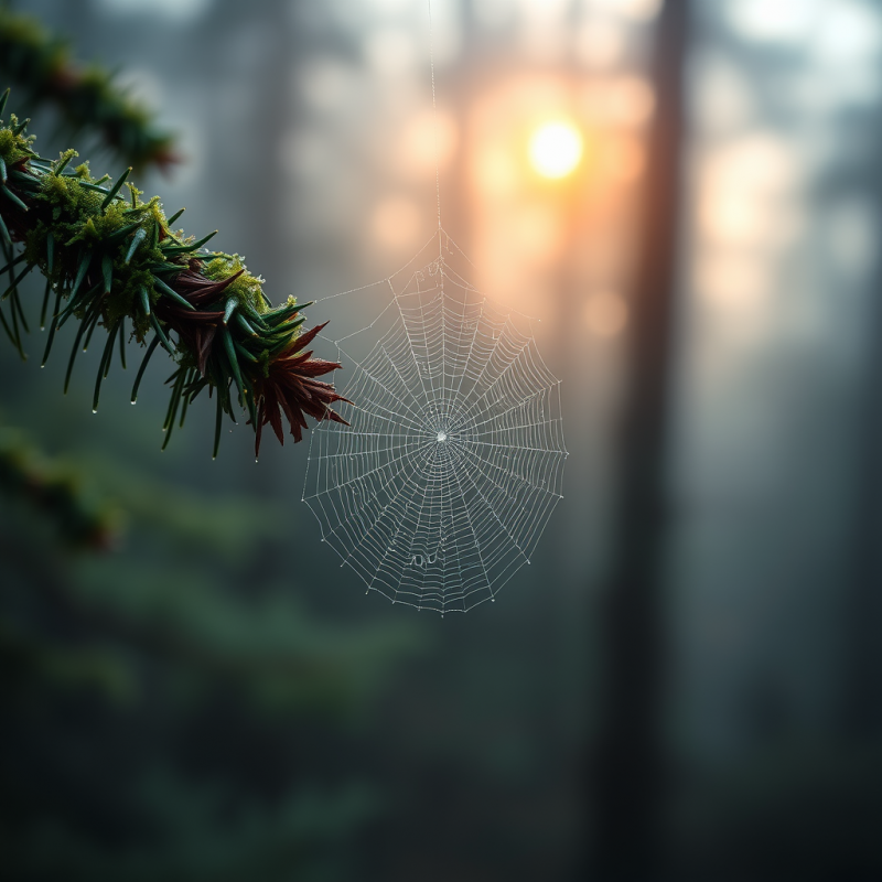 Delicate Spiderweb Glistens in Golden Sunlight