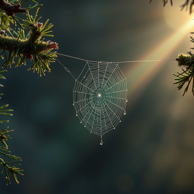 Delicate Spiderweb Glistens with Dewdrops, Suspended