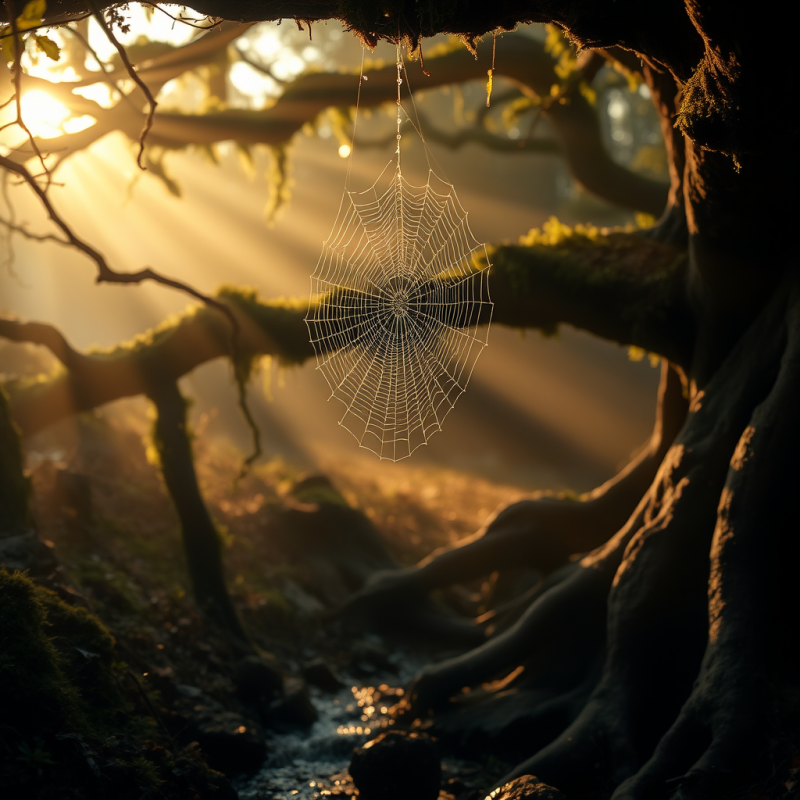 Delicate Spiderweb Glows with Golden Sunlight