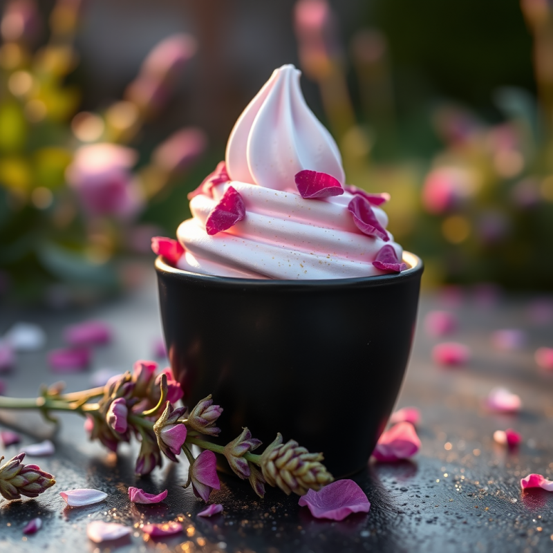 Delicate Swirl of Pink Whipped Cream in a Black Cup,